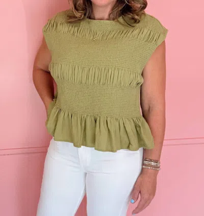 Umgee Smocked Ruffle Hem Sleeveless Top In Avocado