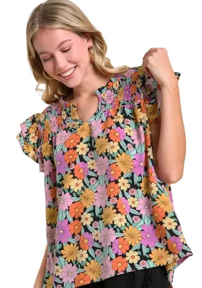 Umgee Smocked Ruffle Sleeve Floral Top In Multi