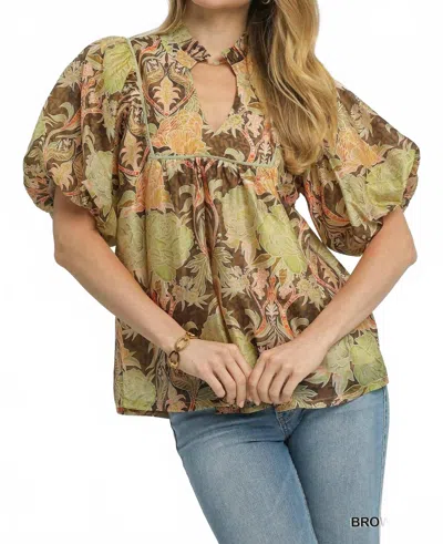Umgee Smocked V-neck Top In Brown Mix In Multi