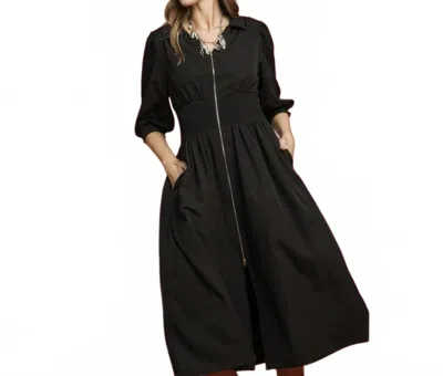 Umgee Smocked Waist Zip Midi Dress In Black