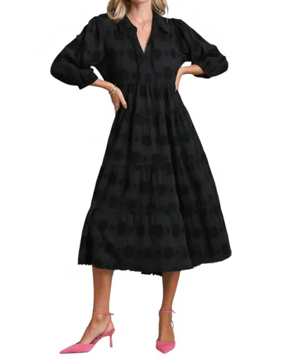 Umgee Solid Dotted Tiered Jacquard Midi Dress In Black In Blue