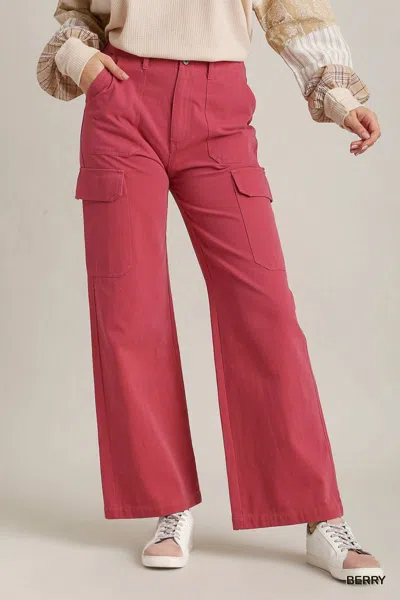 Umgee Solid Stone Washed Straight Cargo Pants In Berry In Burgundy
