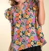 Umgee Split Neck Floral Printed York Top In Black Mix In Black