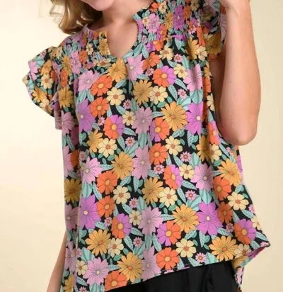 Umgee Split Neck Floral Printed York Top In Black Mix