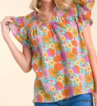 Umgee Split Neck Floral Printed York Top In Pink Mix In Multi