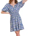 Umgee Split Neck Floral Puff Sleeve Dress With Smocked Waistband In Blue In Blue