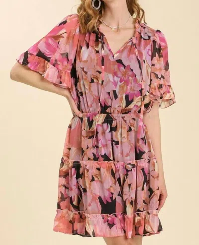 Umgee Split Neck Front Tie Tiered Dress With Lining In Floral Print In Multi