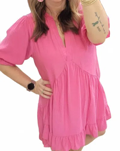 Umgee Split Neck Ruffle Short Dress W/ Short Puff Sleeves In Pink