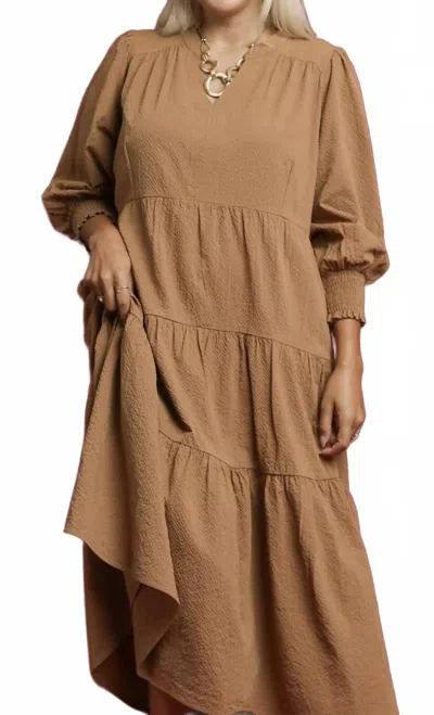 Umgee Split Neck Tiered Midi Dress In Mocha In Brown