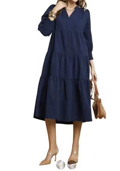 Umgee Split Neck Tiered Midi Dress In Navy In Blue