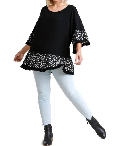 Umgee Spotted Bell Sleeve Frayed Top In Black
