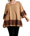 Umgee Spotted Bell Sleeve Frayed Top In Caramel