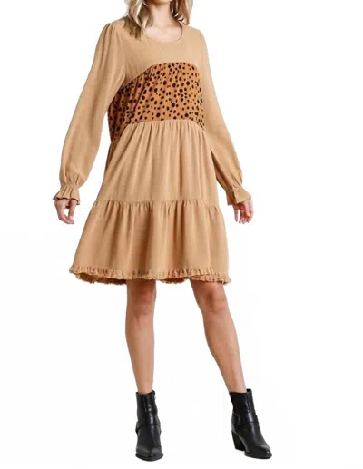Umgee Spotted Tiered Fringe Dress In Caramel In Brown