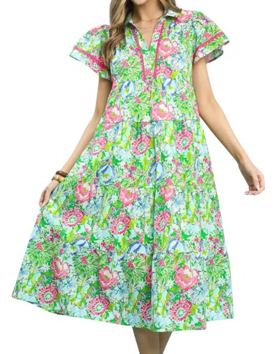 Umgee Spring Meadow Floral Midi Dress In Green/pink