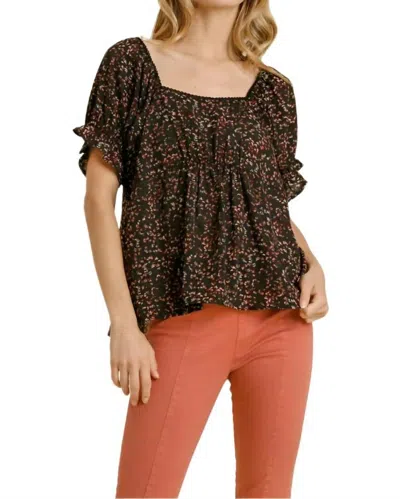 Umgee Square Neck Floral Babydoll Top In Black