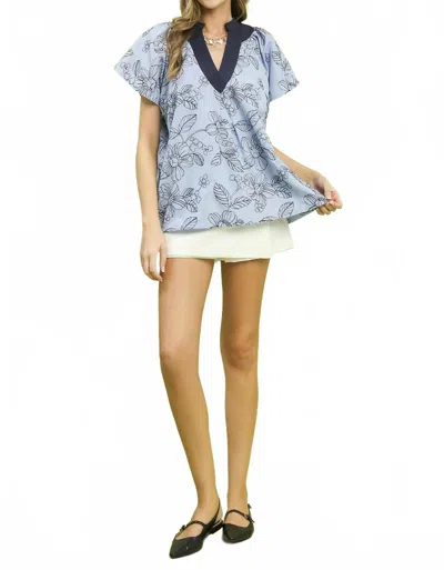 Umgee Stripe Embroidered Mixed Collar V-neck Top In Blue
