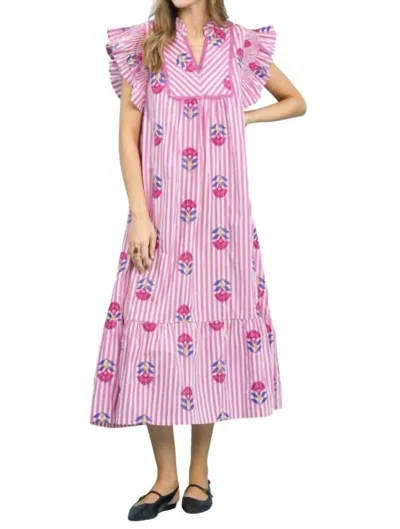 Umgee Stripe Floral Flutter Sleeve Tiered Midi Dress In Pink