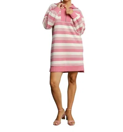 Umgee Stripe Half Zip Dress In Mauve In Pink