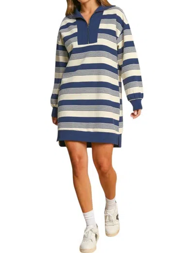 Umgee Stripe Half Zip Up Dress In Blue