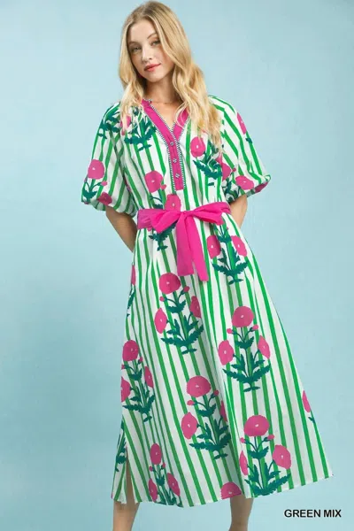 Umgee Stripe Mixed Midi Dress In Green