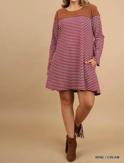 UMGEE STRIPE PLUS DRESS WITH SUEDE SHOULDERS AND ELBOW PATCH IN WINE/BROWN
