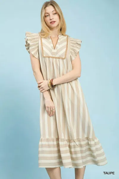 Umgee Stripe Ruffle Midi Dress In Taupe In Neutral