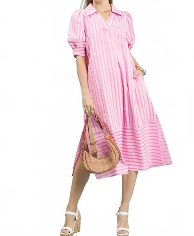 Umgee Stripe Short Sleeve Midi Dress In Peony In Pink