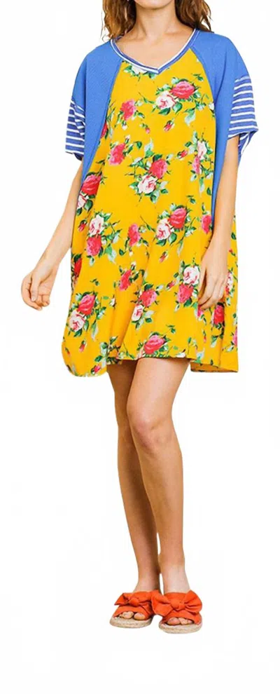 Umgee Striped & Floral Pocket Dress In Yellow