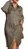Umgee Striped Button Down Midi Dress In Black In Pattern