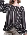 Umgee Striped Gathered Blouse In Black In Black