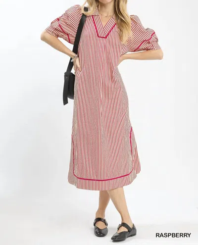 Umgee Striped Midi Dress With Puff Sleeves In Raspberry In Multi