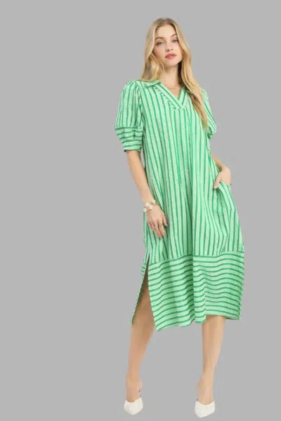 Umgee Striped Puff Sleeve Midi Dress In Green