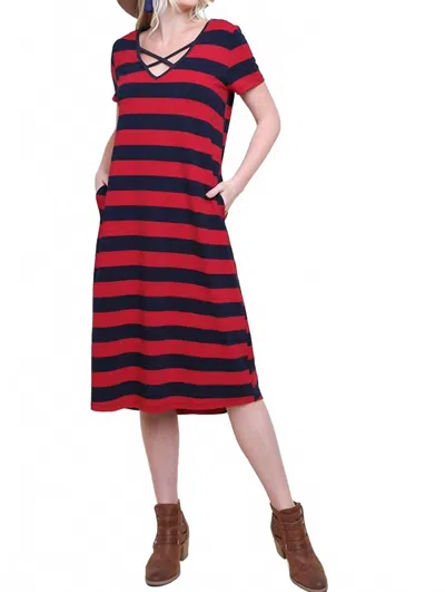 Umgee Striped T-shirt Midi Dress In Navy/ Red
