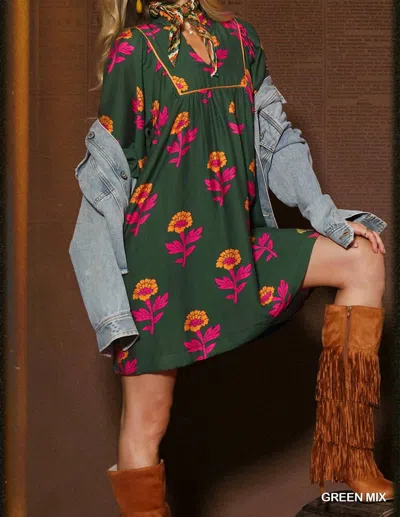 Umgee Sunburst Petal Boho Dress In Green