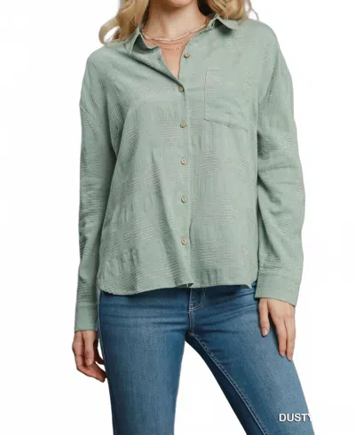 Umgee Swiss Dot Jacquard Button Down Shirt In Dusty Mint In Green