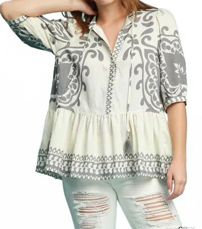 Umgee Tassel Tie Abstract Border Print Top In Grey In Gray