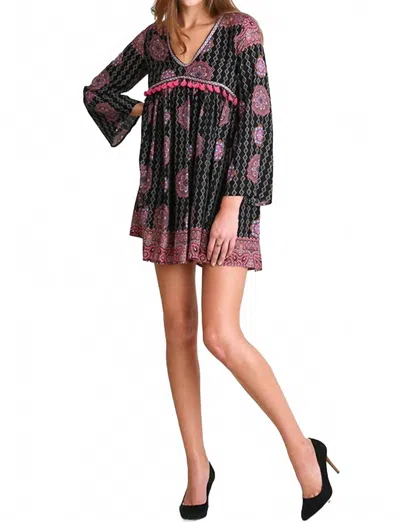 Umgee Tassel Trim Peasant Dress In Black In Multi
