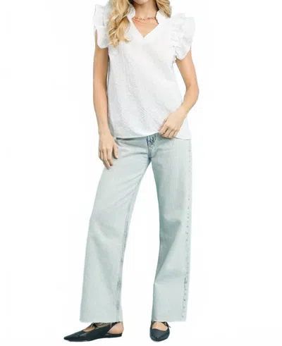 Umgee Texture Fabric V-neck Ruffle Sleeve Top In Off White In Animal Print