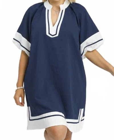 Umgee Textured Colorblock V-neck Mini Dress In Blue