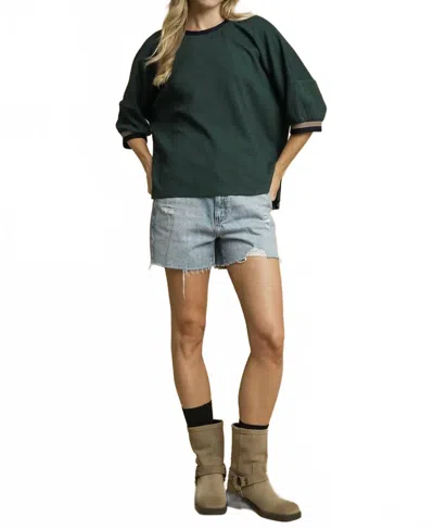 Umgee Textured Waffle Knit Contrast Sleeve Top In Evergreen In Green