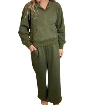 Umgee Textured Zip Jacket & Pant Set In Olive In Green