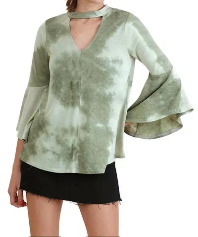 Umgee Tie Dye Bell Sleeve Bohemian Top In Sage In Green