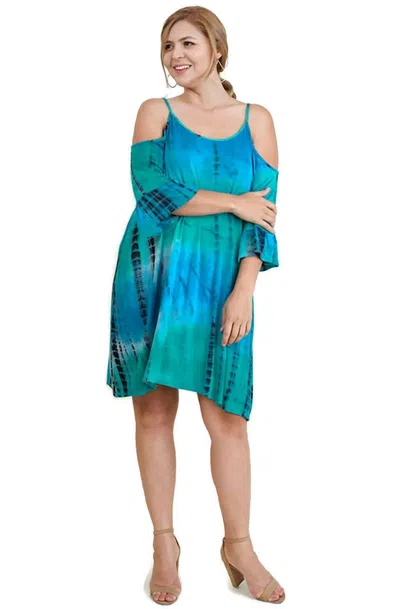 Umgee Tie Dye Cold Shoulder Short Dress - Plus In Emerald In Blue