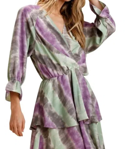 Umgee Tie Dye Ruffled Layered Dress In Green/ Purple In Multi