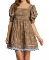 Umgee Tiered Bow Print Babydoll Dress In Brown/blue In Brown