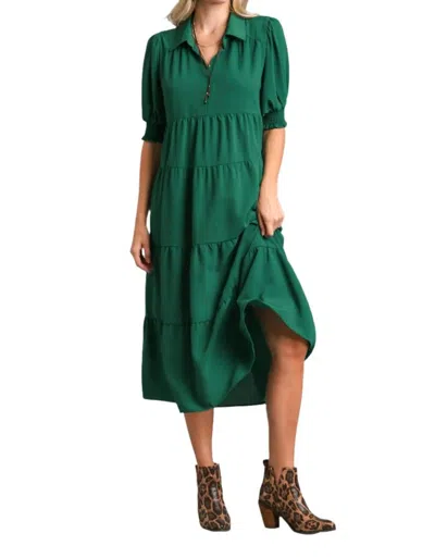 Umgee Tiered Cuffed Sleeve Dress In Green In Multi