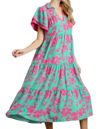 Umgee Tiered Midi Dress In Cotton Candy Mix In Green