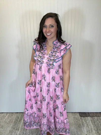 Umgee Tiered Midi Dress With Ruffle Sleeve In Pink Mix Floral