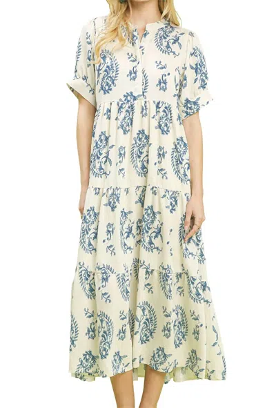 Umgee Tiered Textured Midi Dress In Blue Mix In White