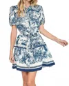 Umgee Toile Print Belted Lapel Collar Mini Skater Dress In Blue In Blue